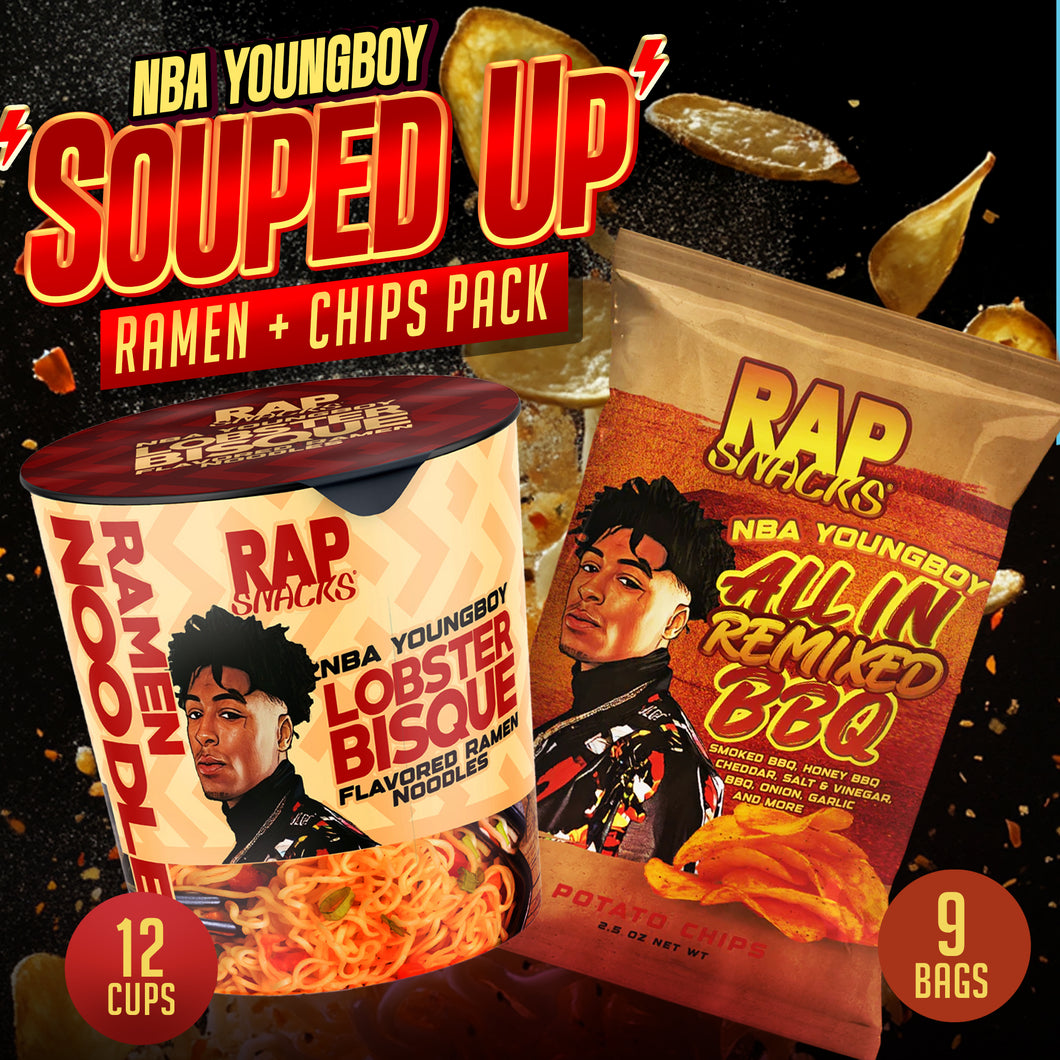 NBA YoungBoy All In Remixed Pack – 9 Bags of BBQ Chips & 12 Cups of Lobster Bisque Ramen Noodles